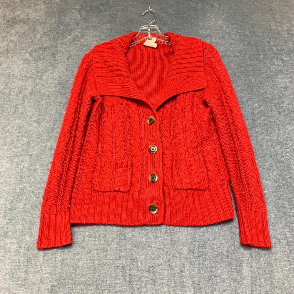 ST John's Bay Cardigan Sweater Womens Small Petite Red Acrylic Ribbed Hem Cozy
